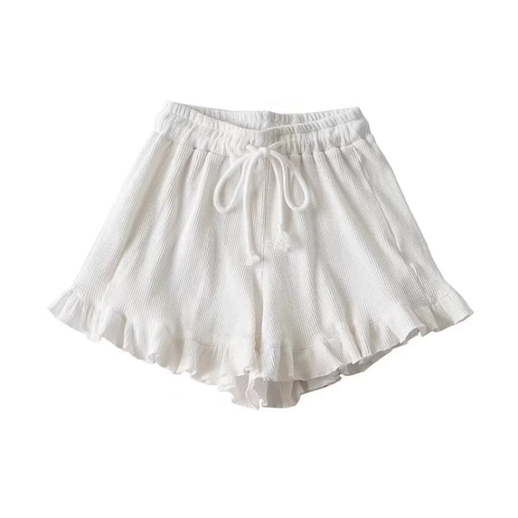 Women Waffle Knit Lounge Shorts, Elastic Drawstring High Waistband, Ruffled Flounce Hem Detail, Breathable Textured Fabric, Loose Wide Leg Relaxed Fit Sleep Bottoms White,XL