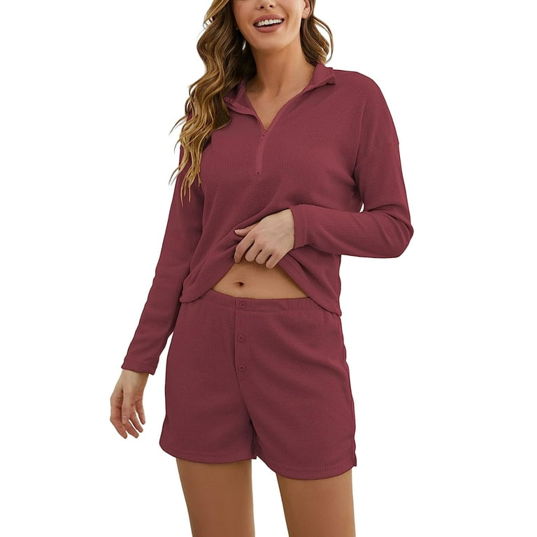 Women Waffle Knit Pajamas Solid Color 1 2 Zipper Long Sleeve Tops and Shorts 2 Piece Loungewear Set Soft Sleepwear Walmart