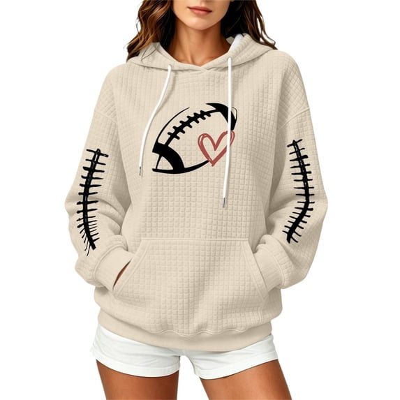 Women Waffle Knit Pullover Hoodie, Football Heart Graphic Long Sleeve Hooded Sweatshirt, Oversized Game Day Fan Top with Kangaroo Pocket for Sports Party Daily Fall Wear