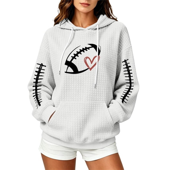 Women Waffle Knit Pullover Hoodie, Football Heart Graphic Long Sleeve Hooded Sweatshirt, Oversized Game Day Fan Top with Kangaroo Pocket for Sports Party Daily Fall Wear