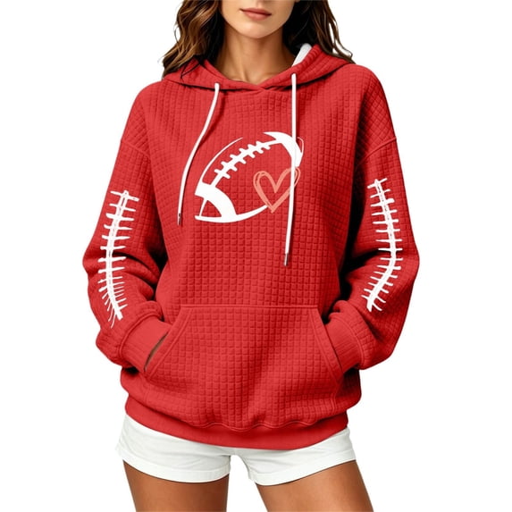 Women Waffle Knit Pullover Hoodie, Football Heart Graphic Long Sleeve Hooded Sweatshirt, Oversized Game Day Fan Top with Kangaroo Pocket for Sports Party Daily Fall Wear