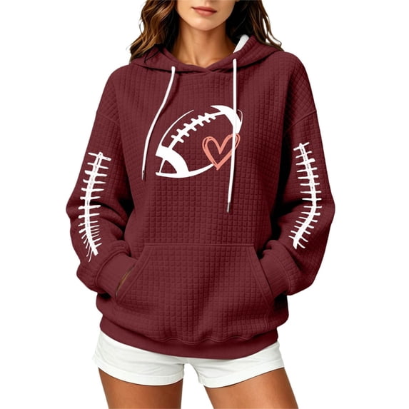 Women Waffle Knit Pullover Hoodie, Football Heart Graphic Long Sleeve Hooded Sweatshirt, Oversized Game Day Fan Top with Kangaroo Pocket for Sports Party Daily Fall Wear