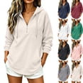 thumbnail image 1 of Women Waffle Knit Quarter Zip Hoodie Sevevn Drawstring Kangaroo Pocket Long Sleeve Loose Fit Casual Oversized Pullover Sweatshirt, 1 of 6