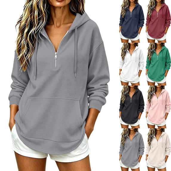 Women Waffle Knit Quarter Zip Hoodie Sevevn Drawstring Kangaroo Pocket Long Sleeve Loose Fit Casual Oversized Pullover Sweatshirt