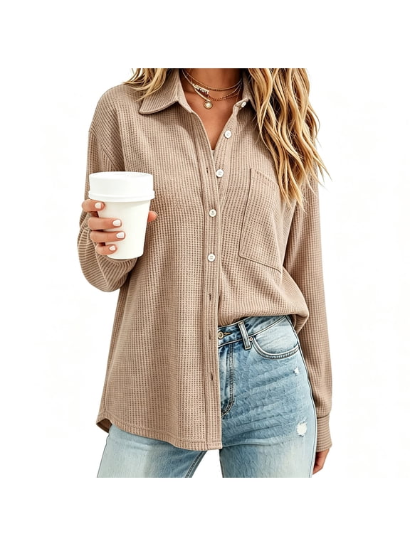 Women Waffle Knit Shacket Jacket Button‑Front Shirts Tops,Drop Shoulder Lightweight Breathable Daily Outdoor Casual Comfy Wear,Beige,S