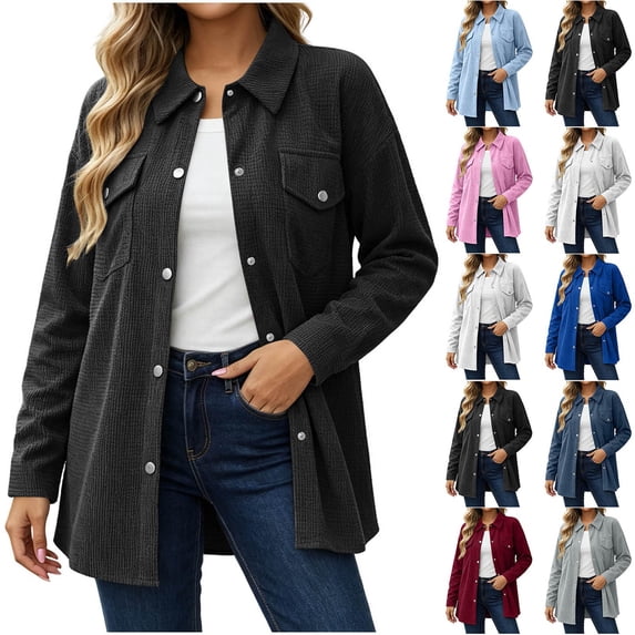 Women Waffle Knit Shacket Sevevn Point Collar Button Down Oversized Fit Textured Waffle Fabric Dual Chest Pockets Long Sleeve Outerwear For Daily Casual Wear
