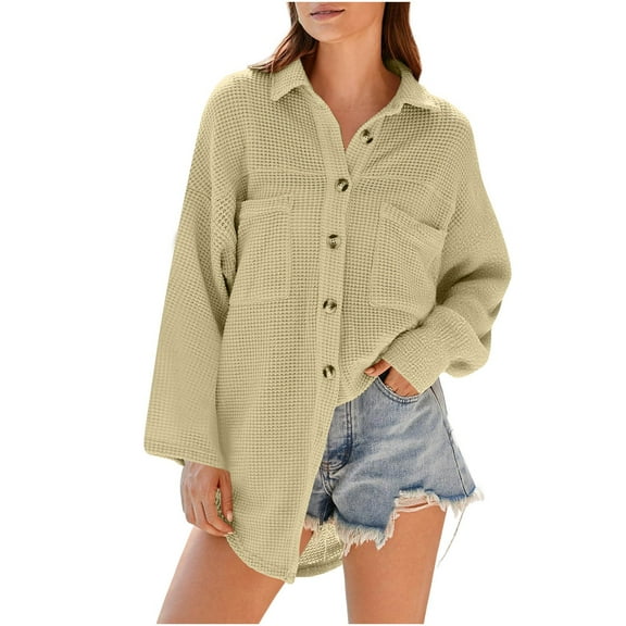 Women Waffle Knit Shirt Jacket Long Sleeve Button Up Shirts Cardigans Drop Shoulder Loose Lightweight Comfy Casual Coat Khaki, M