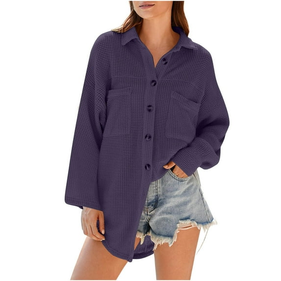 Women Waffle Knit Shirt Jacket Long Sleeve Button Up Shirts Cardigans Drop Shoulder Loose Lightweight Comfy Casual Coat Purple, M