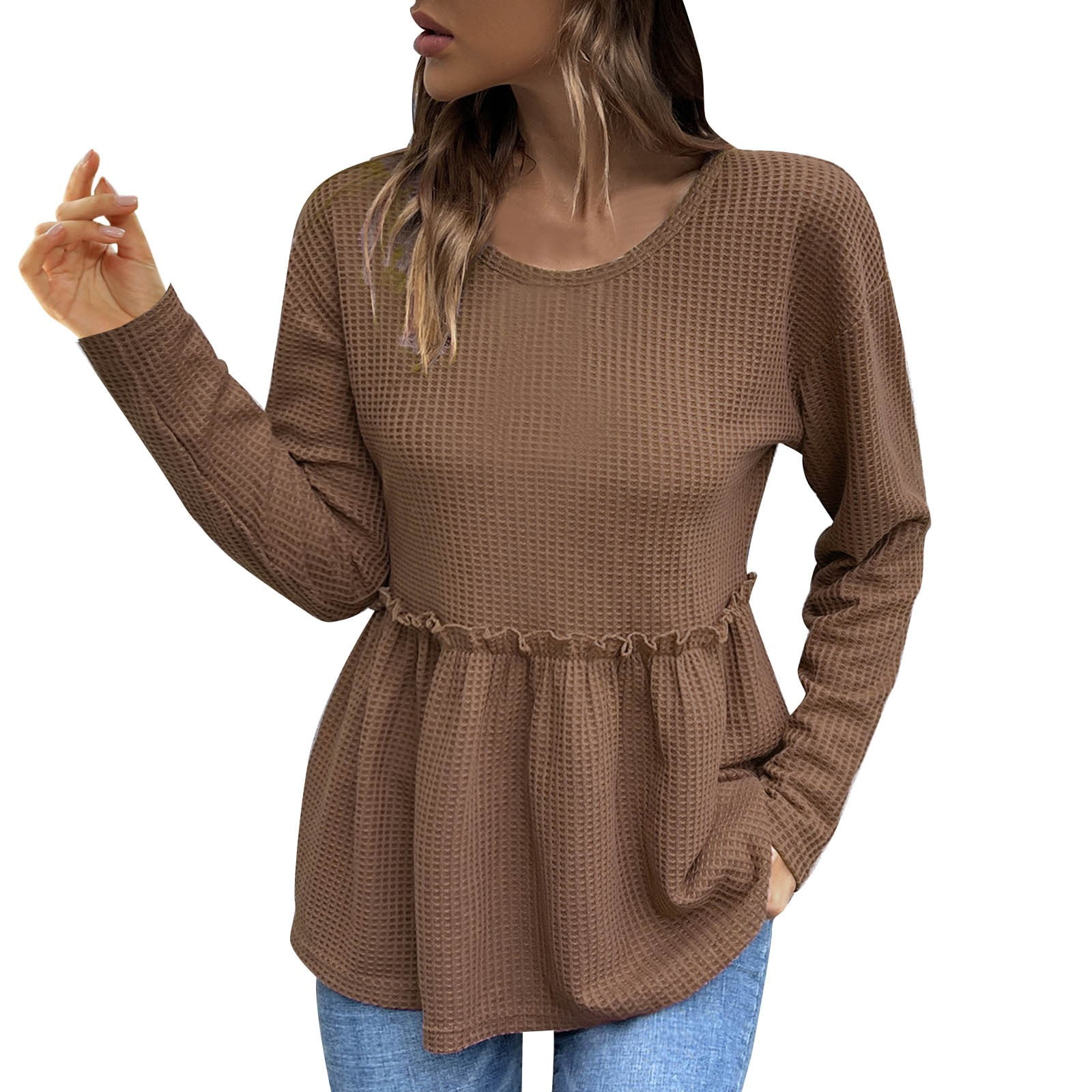 Women Waffle Knit Shirts Long Sleeve Relaxed Fit Blouses Casual Peplum