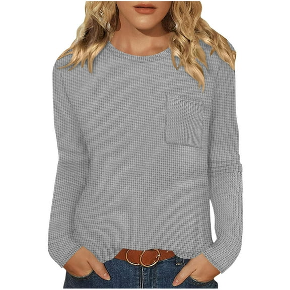Women Waffle Knit Sweatshirt Casual Long Sleeve Crewneck Pullover Shirts Dressy Trendy Fall Tunic Tops with Chest Pocket