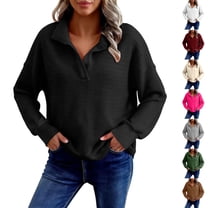 Women Waffle Knit Sweatshirts Henley V Neck Pullover Shirts Long Sleeve Solid Color Fall Casual Tunic Tops Fashion Outfits