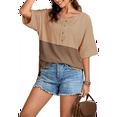 thumbnail image 1 of Women Waffle Knit Tops 2025 Fashion 3/4 Sleeve Crew Neck Oversized Patchwork Blouses Beige L, 1 of 6