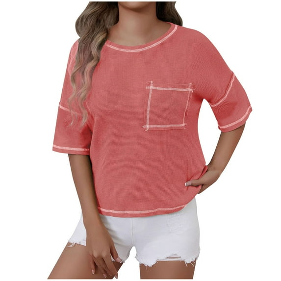 Women Waffle Knit Tops 2025 Summer Crew Neck Short Sleeve Shirts Casual Trendy Loose Fit Blouses Basic Tee (S, Pink)