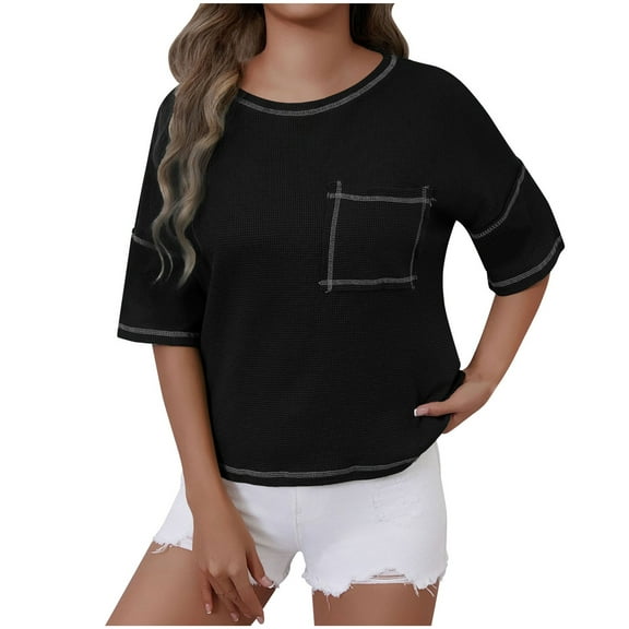 Women Waffle Knit Tops 2025 Summer Crew Neck Short Sleeve Shirts Casual Trendy Loose Fit Blouses Basic Tee (XL, Black)