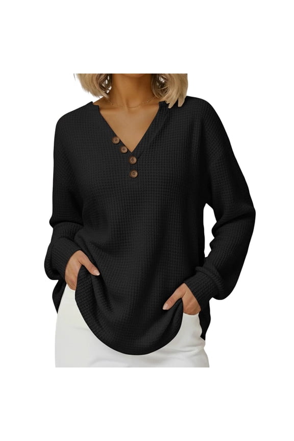 Women Waffle Knit Tops Dressy Casual Button Shirts Long Sleeve V Neck Blouses Basic Tee