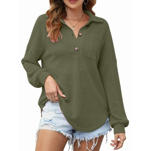 Women Waffle Knit Tops Henley Shirts Long Sleeve V Neck Solid Color Casual Tunic Green XXL