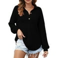 thumbnail image 1 of Women Waffle Knit Tops Henley Shirts Long Sleeve V Neck Solid Color Casual Tunic Black S, 1 of 6