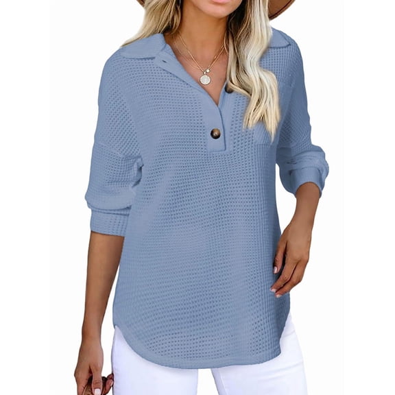 Women Waffle Knit Tops Henley Shirts Long Sleeve V Neck Solid Color Casual Tunic Blue XL