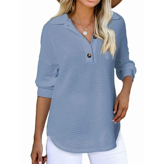 Women Waffle Knit Tops Henley Shirts Long Sleeve V Neck Solid Color Casual Tunic Blue XL