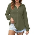 thumbnail image 1 of Women Waffle Knit Tops Henley Shirts Long Sleeve V Neck Solid Color Casual Tunic  Green M, 1 of 5