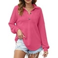 thumbnail image 1 of Women Waffle Knit Tops Henley Shirts Long Sleeve V Neck Solid Color Casual Tunic Rose Red S, 1 of 6