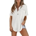 thumbnail image 1 of Women Waffle Knit Tops Henley Shirts Short Sleeve V Neck Solid Color Casual Tunic White XL, 1 of 4