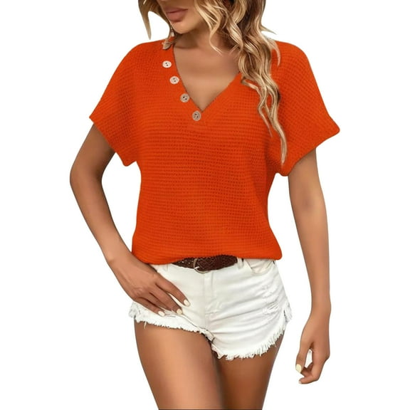 Women Waffle Knit Tunic Tops 2025 Trendy Casual Short Sleeve T Shirts Loose Fit Solid Side Button V Neck Summer Blouse Top