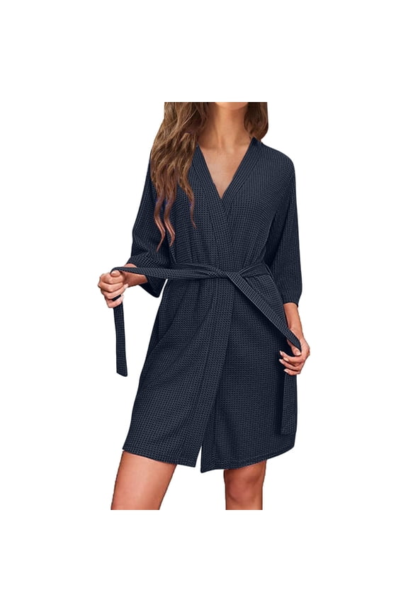 Women Waffle Robes Shawl Collar Bathrobe Short Kimono Robe Soft Knit Bathrobes Ladies Sleepwear with Belf