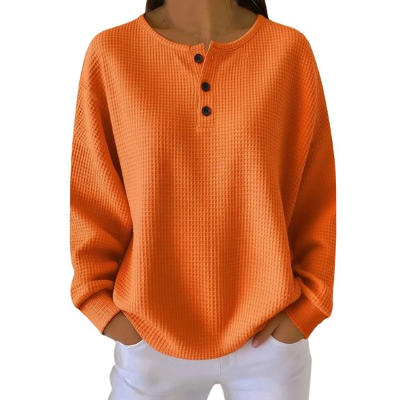 Women Waffle Sweatshirt Oversized 3 Button Crewneck Long Sleeve Spring Pullover Tops Basic Sweatshirts Casual Trendy