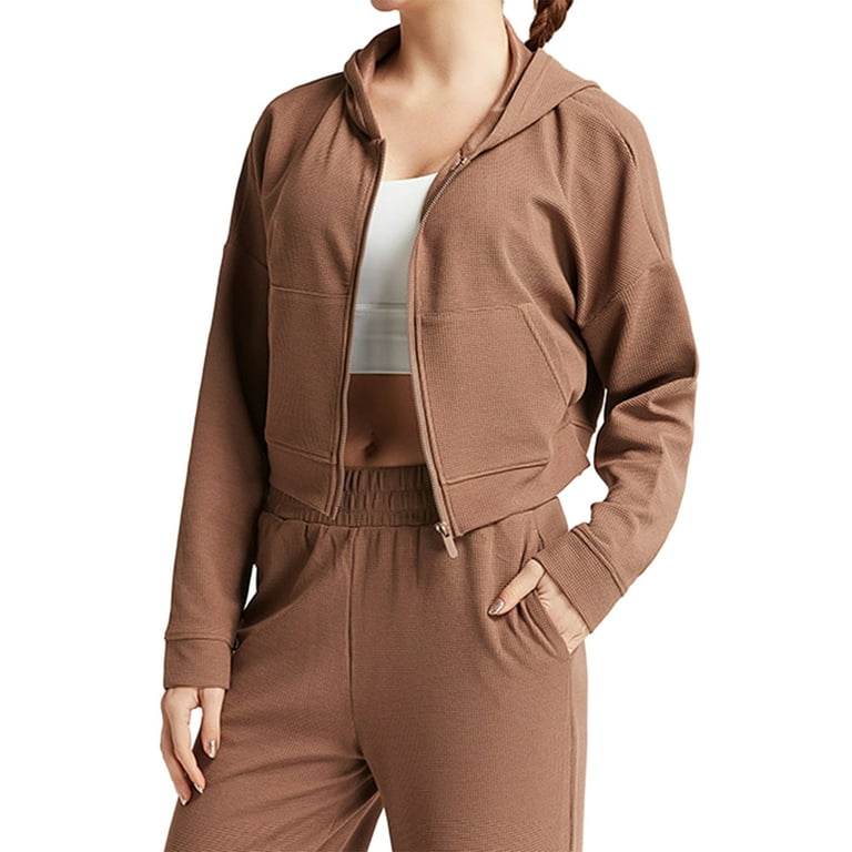 Women Waffle Workout Sports Jackets Solid Color Zip Long Sleeve Yoga Track Hoodies Athletic Running Jackets Coat
