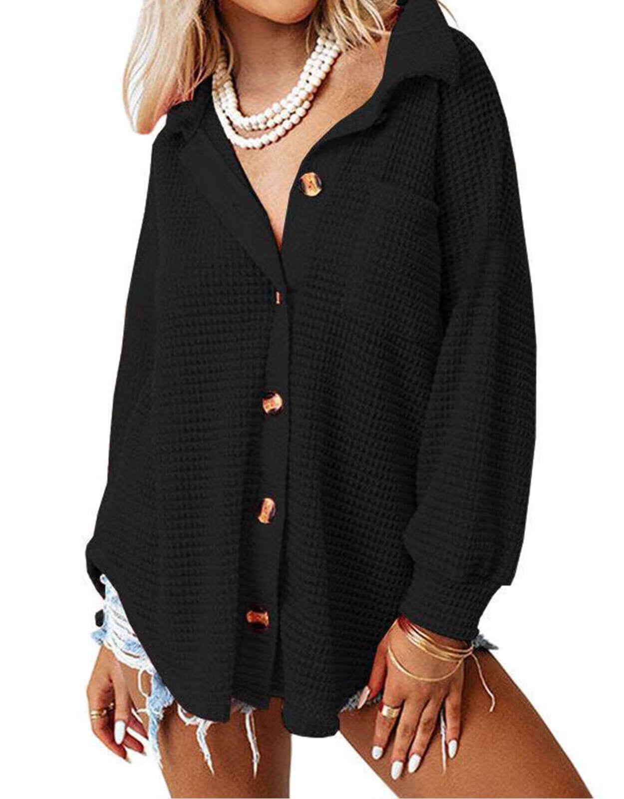 Women Waffle knit Shacket Casual Long Sleeve Oversized Button Down Shirts Blouse Tops Alsol