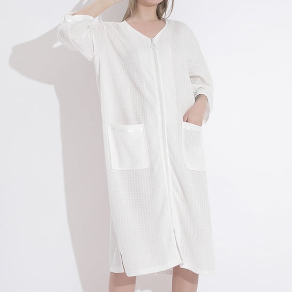 Women Waffles Knit Zip Front Bathrobe, V Neck 3/4 Sleeve Long Robe with Patch Pockets, Loose Casual Loungewear House Coat White Pajama Dress Women 3XL
