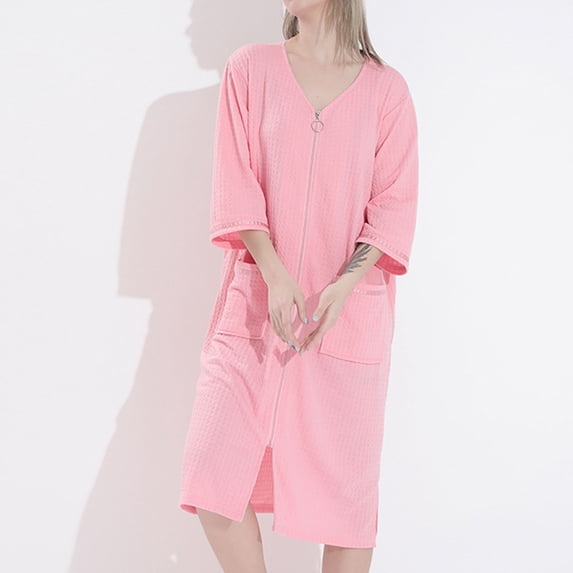 Women Waffles Knit Zip Front Bathrobe, V Neck 3/4 Sleeve Long Robe with Patch Pockets, Loose Casual Loungewear House Coat Women Robes Zipper Front XL