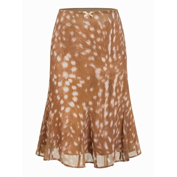 Women Waist Bowknot Polka Dot Chiffon Split Hem Mermaid Midi Skirt Brown XL