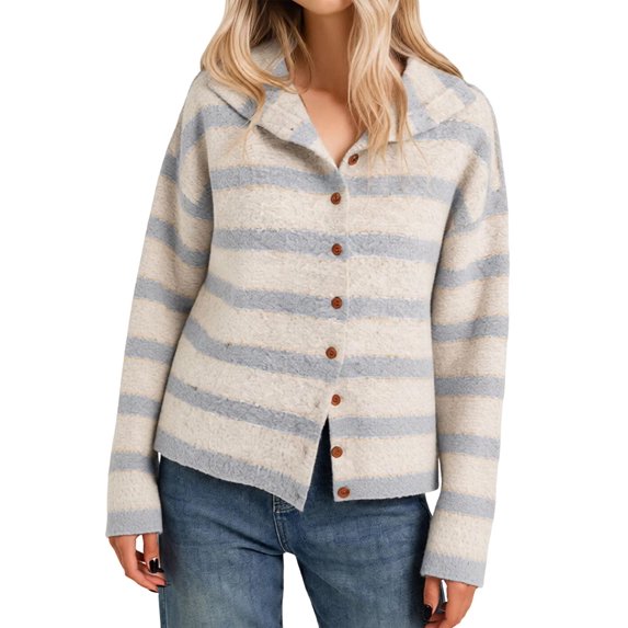 Women Waist Cinched Long Sleeve Stripe Knitted Cardigan Gray XL