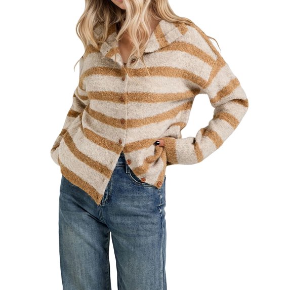 Women Waist Cinched Long Sleeve Stripe Knitted Cardigan Khaki S