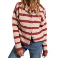 thumbnail image 1 of Women Waist Cinched Long Sleeve Stripe Knitted Cardigan Red S, 1 of 9