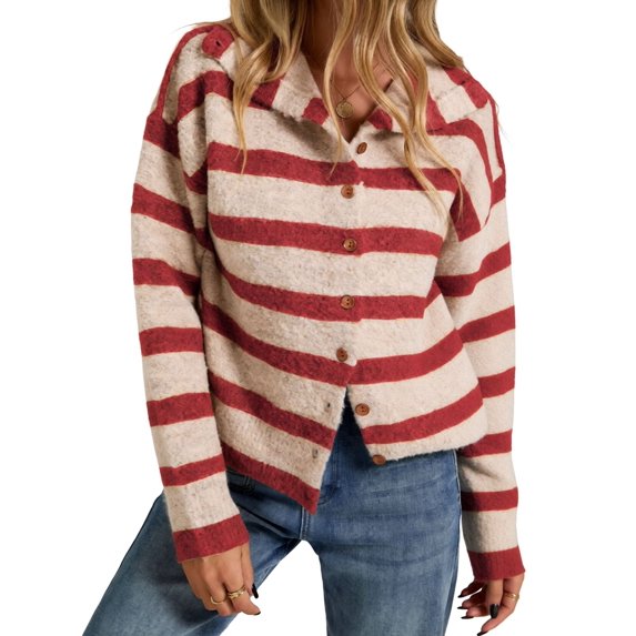 Women Waist Cinched Long Sleeve Stripe Knitted Cardigan Red S