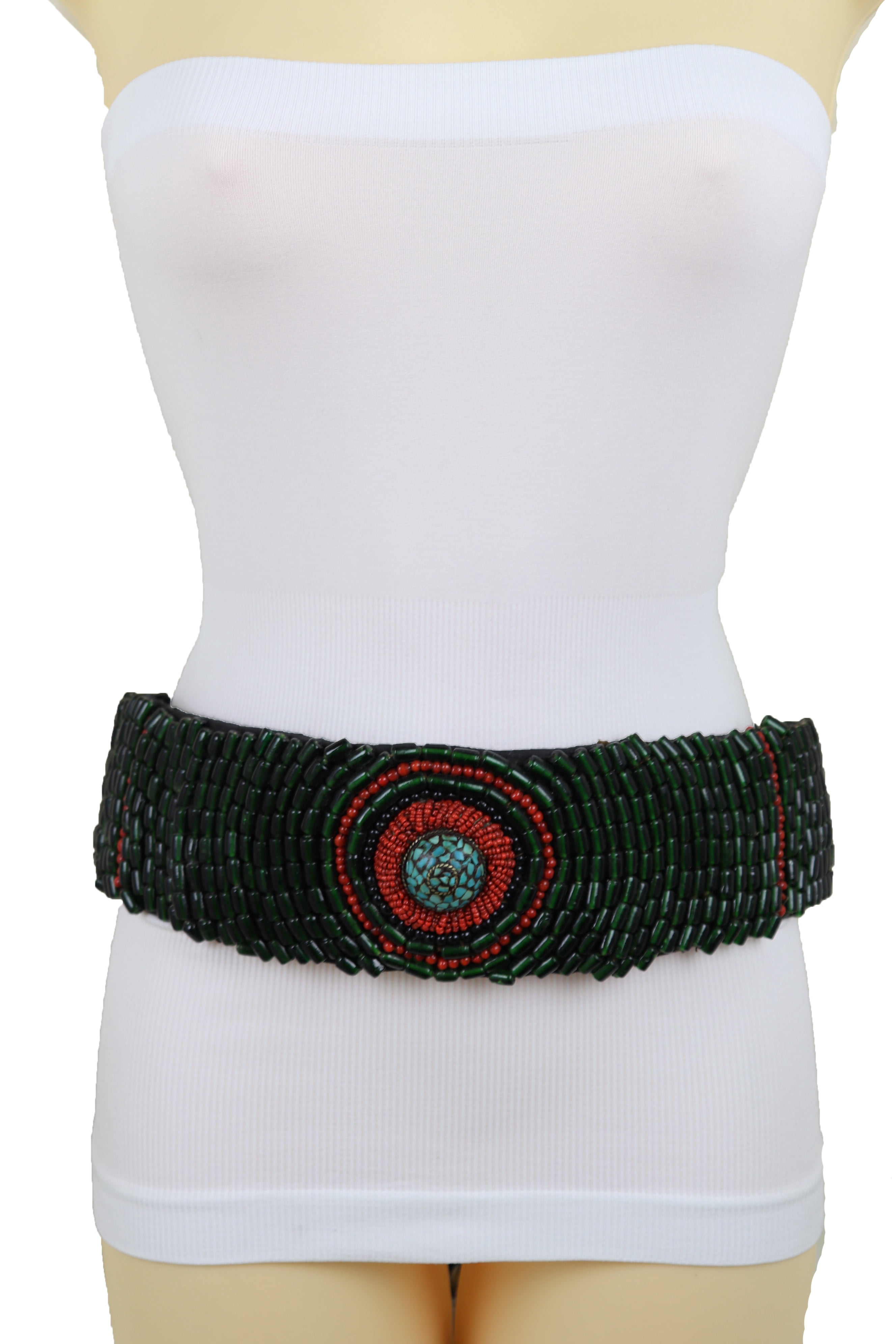Women Waist Hip Bohemian Wide Tie Fabric Green Beads Belt  display picture 2