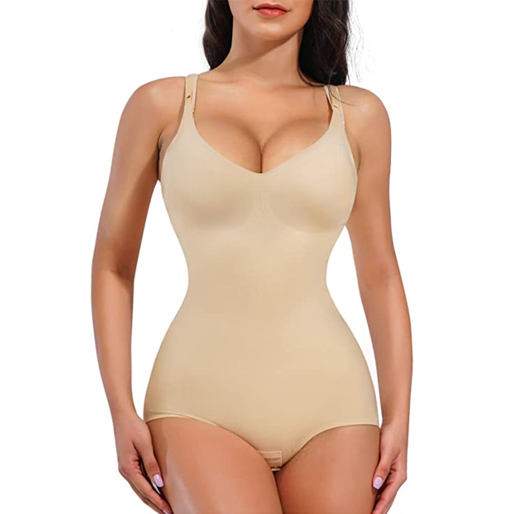 Shapewear for Women Tummy Control, Sexy V-Neck Fitted Ribbed Knit Tank  Shapewear Bodysuit, Backless Body Shaper (Color : Beige, Size : Large)