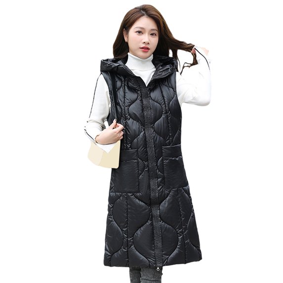 Women Waistcoat Hooded Sleeveless Zipper Closure Large Pockets Vest Coat Solid Color Casual Loose Fit Cotton Vest Outwear