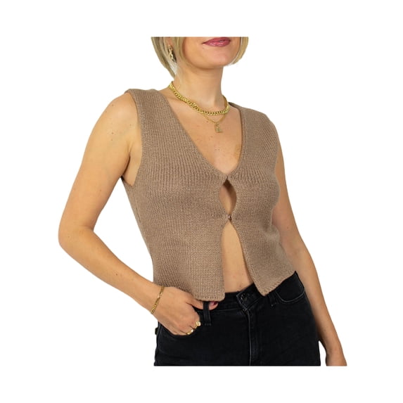 Women Waistcoat Vintage Vest Knitted Button Solid Color Sleeveless V-Neck Slit Hem Slim Crops Tank Tops Summer (Camel , S)