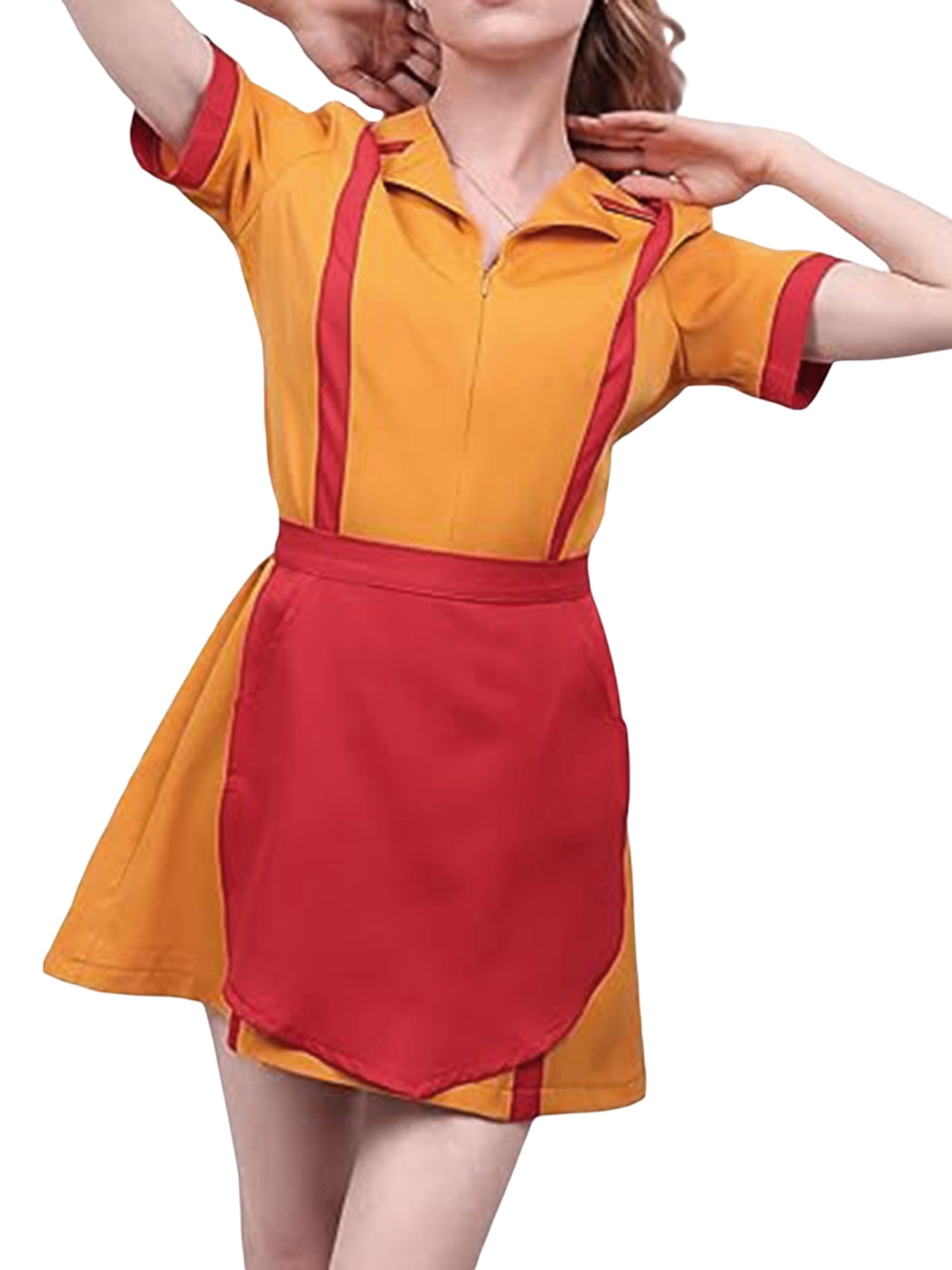 Women Waitress Costumes Contrast Colors Zipper Dress and Apron Set for