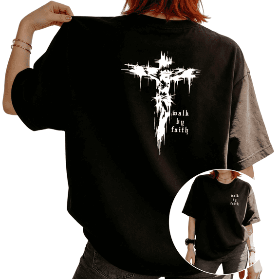 Women Walk By Faith Cross Back Print Graphic Tees T Shirt Tops Round neck Printed Cotton Washed T Shirt Black S-5XL