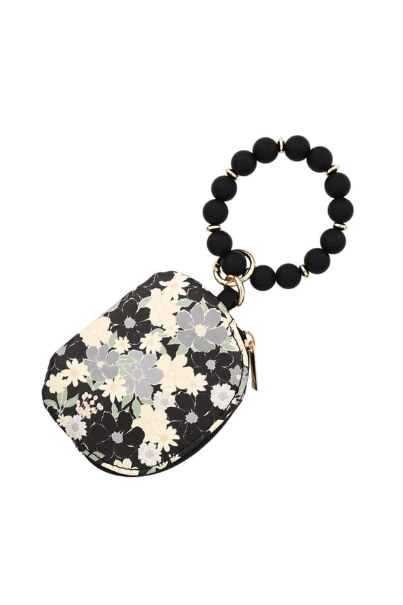 Women Wallet, Boho Wallet Keychain, Flower Wristlet Wallets, Black Beaded Bangle Keychain, Silicone Credit Card & Cash Holder, Money Bag, Coin Purse, Key Ring Bracelet with Golden Beads