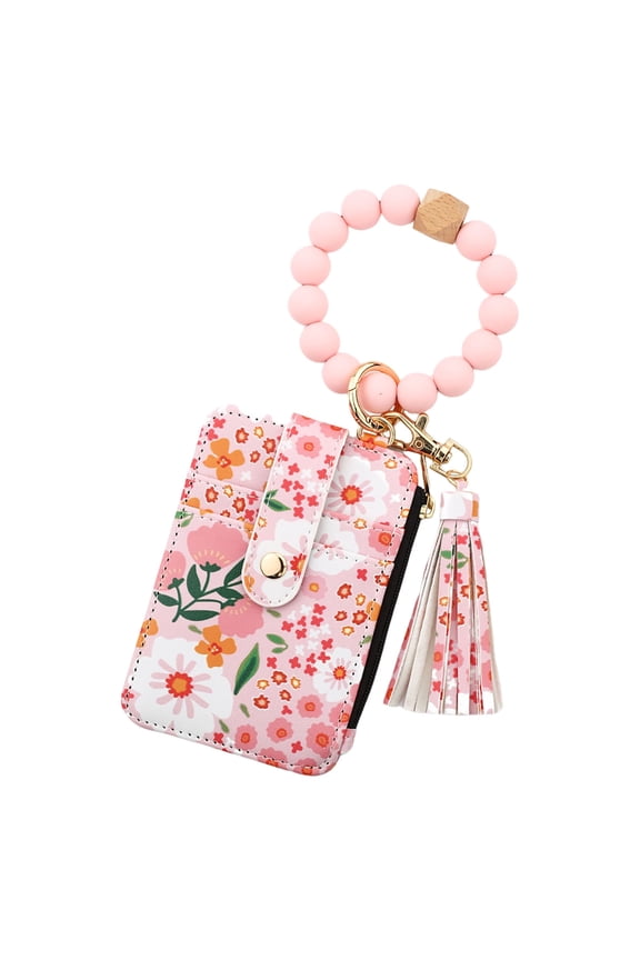 Women Wallet, Boho Wallet Keychain, Flower Wristlet Wallets, Pink Beaded Bangle Keychain with Tassel, Silicone Credit Card & Cash Holder, Money Bag, Coin Purse, Key Ring Bracelet with Golden Beads
