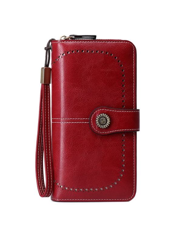 Women Wallet PU Leather RFID Blocking Purse Large Capacity Credit Card Holder with ID Window - Wine Red