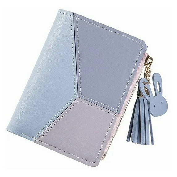 Women Wallet PU Leather Zipper Closure Multi Pocket Color Splicing Trendy Practical Lady Wallet Blue Free Size