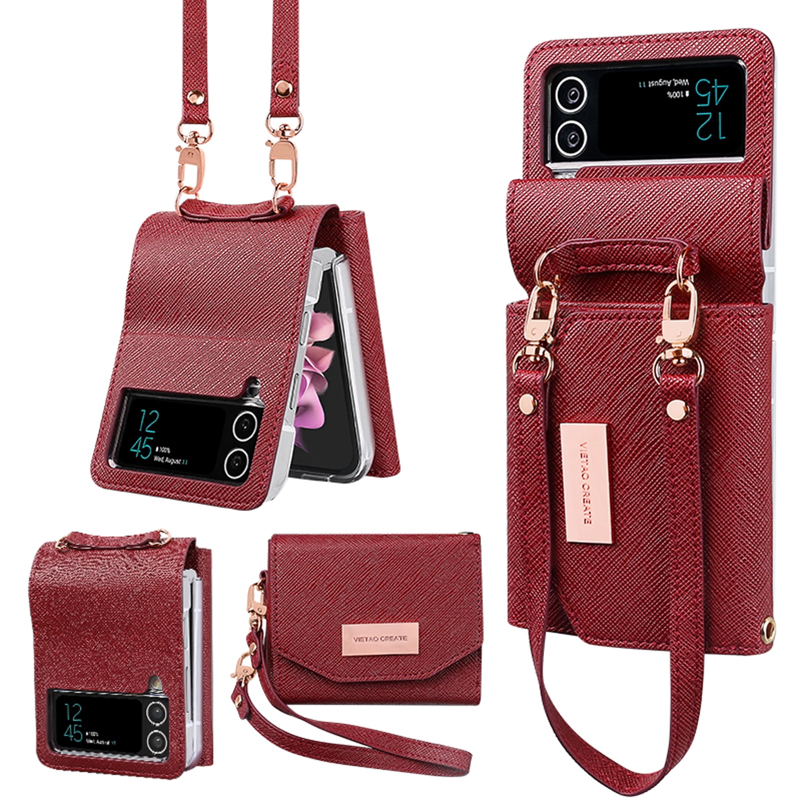 Women Wallet Purse for Samsung Galaxy Z Flip 4 5G Case, Adjustable Crossbody Strap with Credit Card Holder PU Leather Folding Phone Case Cover for Samsung Galaxy Z Flip 4 2022, Red