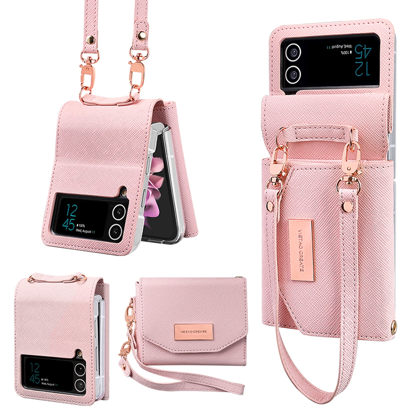 Women Wallet Purse for Samsung Galaxy Z Flip 4 5G Case, Adjustable Crossbody Strap with Credit Card Holder PU Leather Folding Phone Case Cover for Samsung Galaxy Z Flip 4 2022, Pink